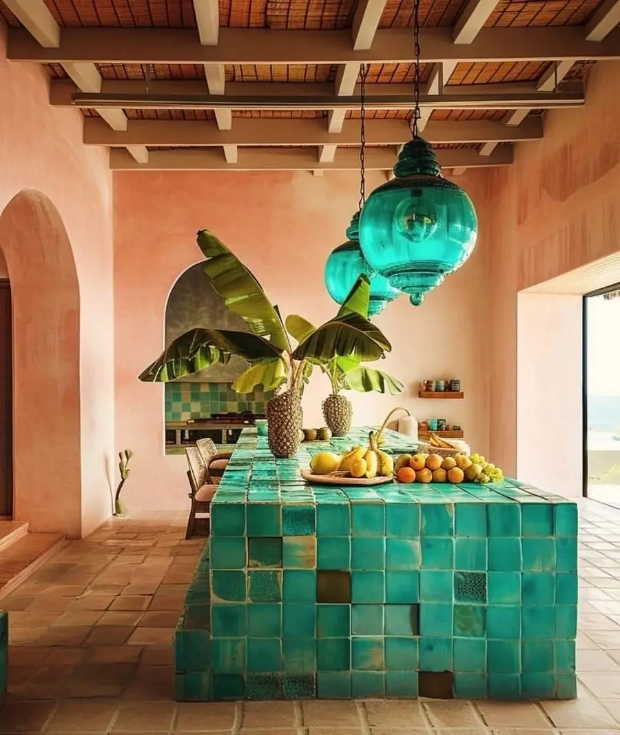 Îlot de cuisine en zellige turquoise
